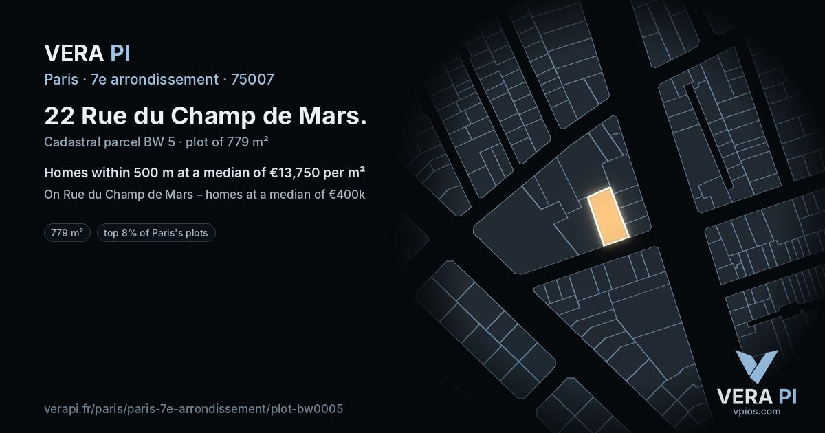 22 Rue du Champ de Mars, 7e arrondissement at night – the plot lit, the parcels around coloured by the prices near them