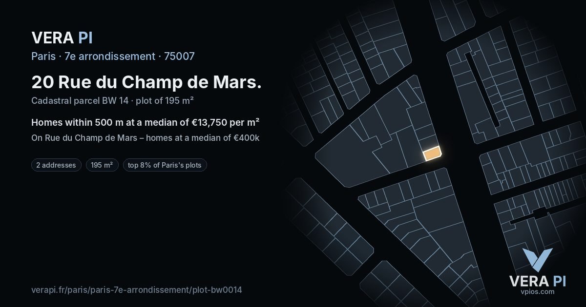 20 Rue du Champ de Mars, 7e arrondissement at night – the plot lit, the parcels around coloured by the prices near them