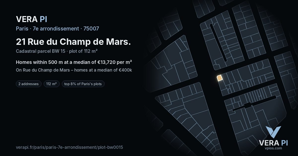 21 Rue du Champ de Mars, 7e arrondissement at night – the plot lit, the parcels around coloured by the prices near them