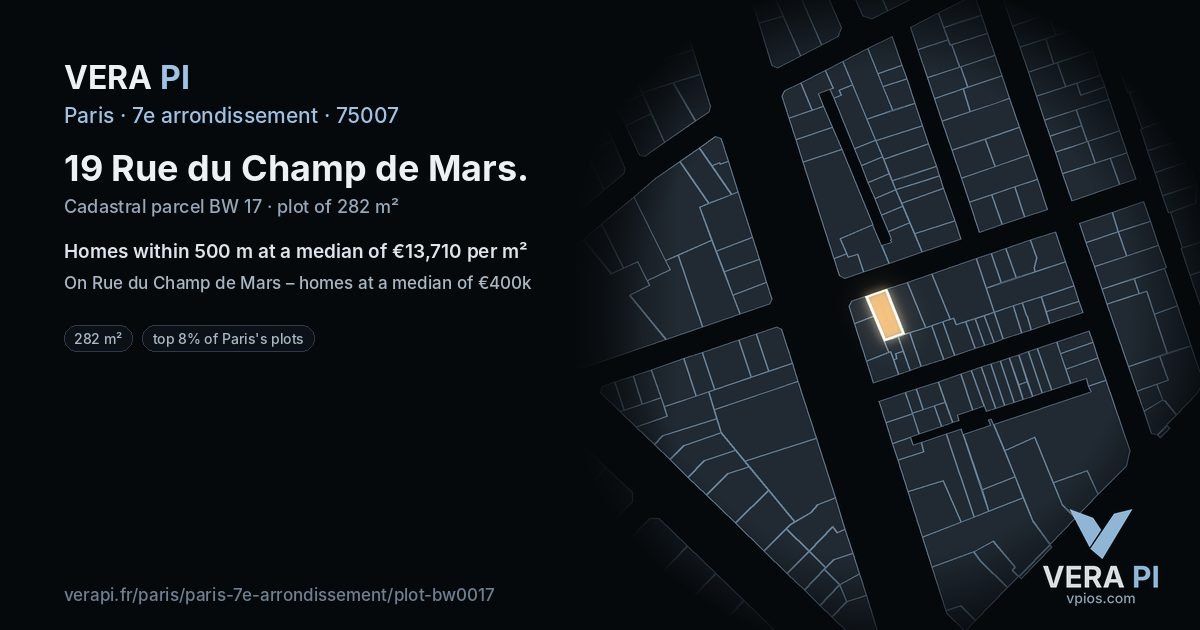 19 Rue du Champ de Mars, 7e arrondissement at night – the plot lit, the parcels around coloured by the prices near them