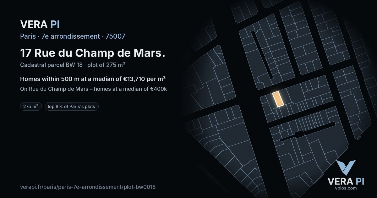 17 Rue du Champ de Mars, 7e arrondissement at night – the plot lit, the parcels around coloured by the prices near them