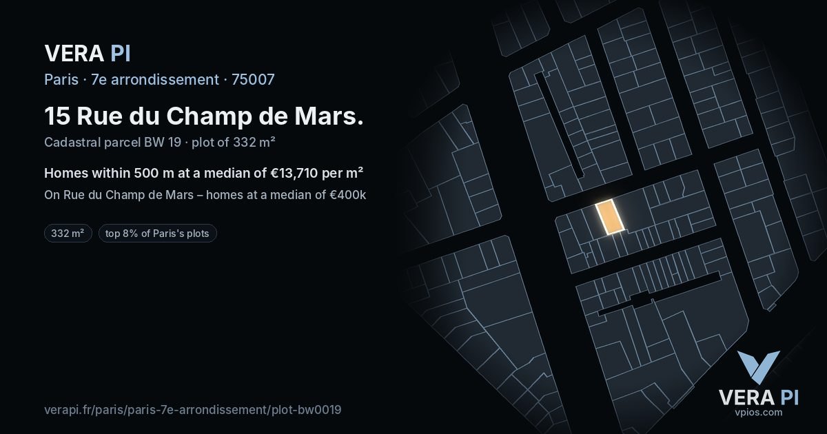 15 Rue du Champ de Mars, 7e arrondissement at night – the plot lit, the parcels around coloured by the prices near them