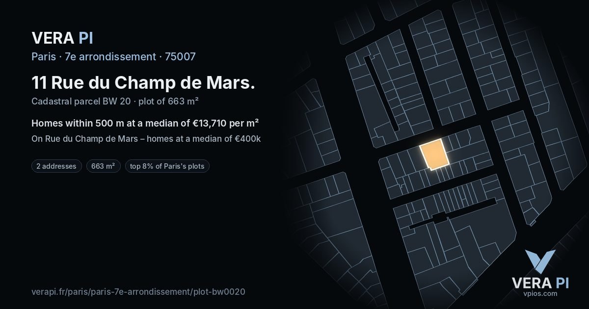 11 Rue du Champ de Mars, 7e arrondissement at night – the plot lit, the parcels around coloured by the prices near them