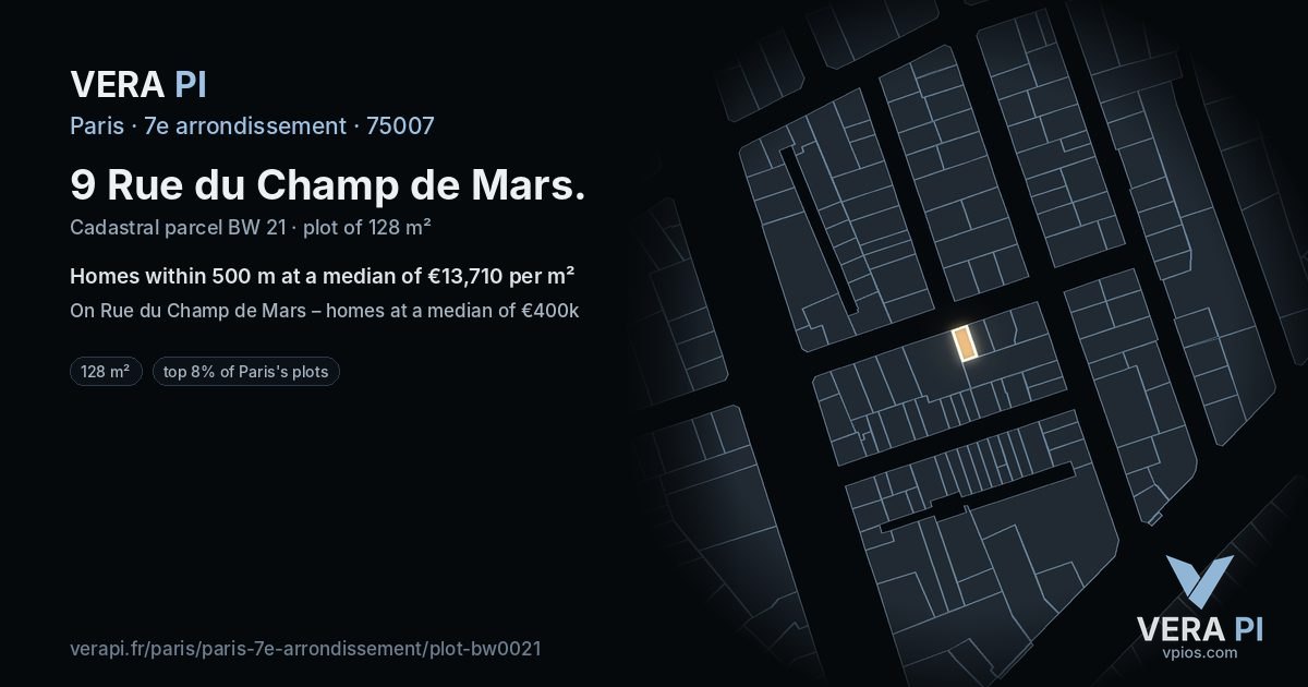 9 Rue du Champ de Mars, 7e arrondissement at night – the plot lit, the parcels around coloured by the prices near them