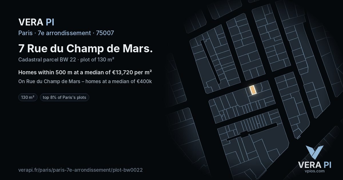 7 Rue du Champ de Mars, 7e arrondissement at night – the plot lit, the parcels around coloured by the prices near them