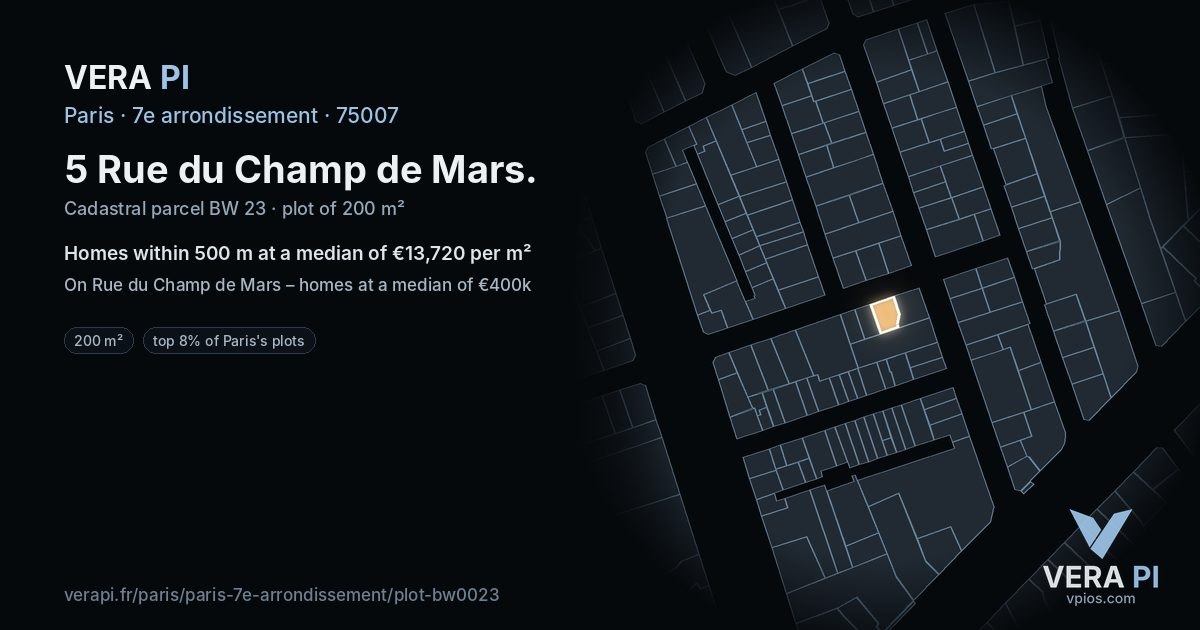 5 Rue du Champ de Mars, 7e arrondissement at night – the plot lit, the parcels around coloured by the prices near them