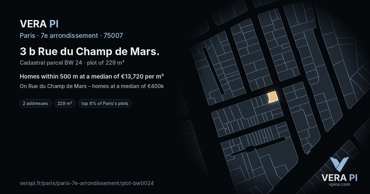 3 b Rue du Champ de Mars, 7e arrondissement at night – the plot lit, the parcels around coloured by the prices near them