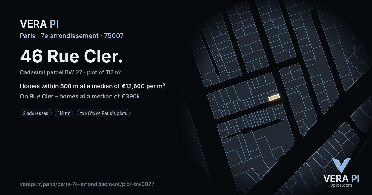 46 Rue Cler, 7e arrondissement at night – the plot lit, the parcels around coloured by the prices near them