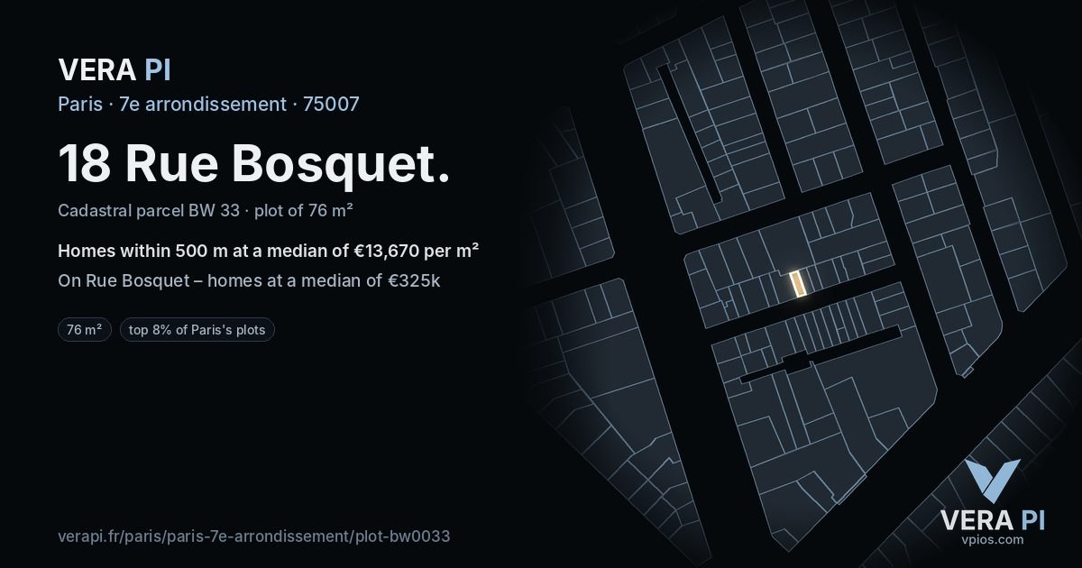 18 Rue Bosquet, 7e arrondissement at night – the plot lit, the parcels around coloured by the prices near them