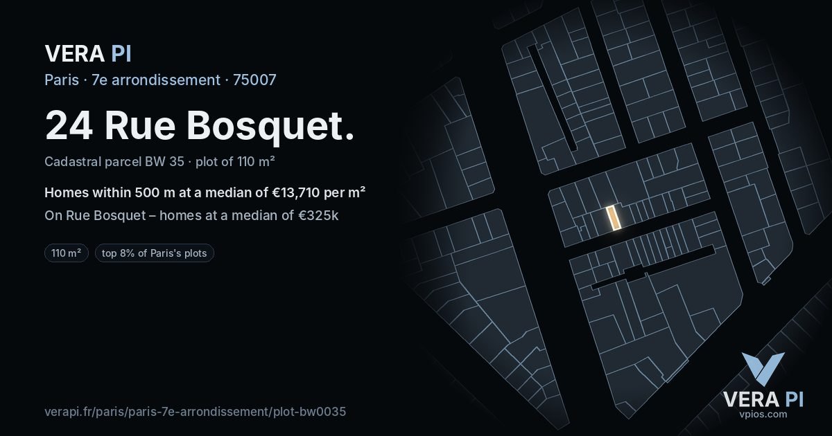 24 Rue Bosquet, 7e arrondissement at night – the plot lit, the parcels around coloured by the prices near them