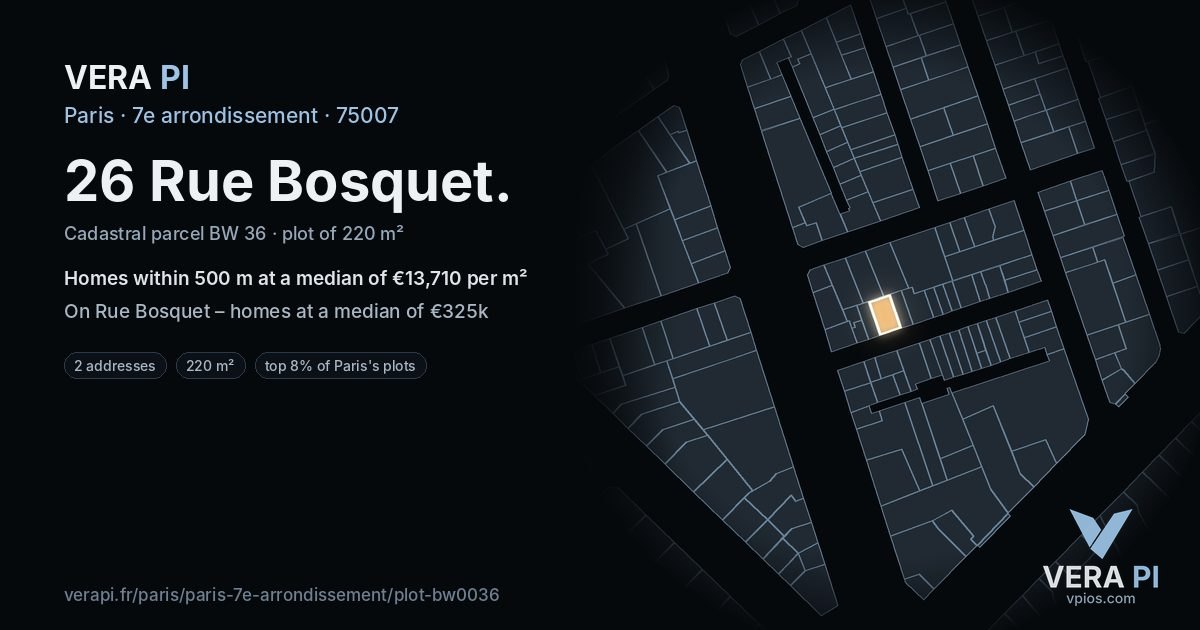 26 Rue Bosquet, 7e arrondissement at night – the plot lit, the parcels around coloured by the prices near them