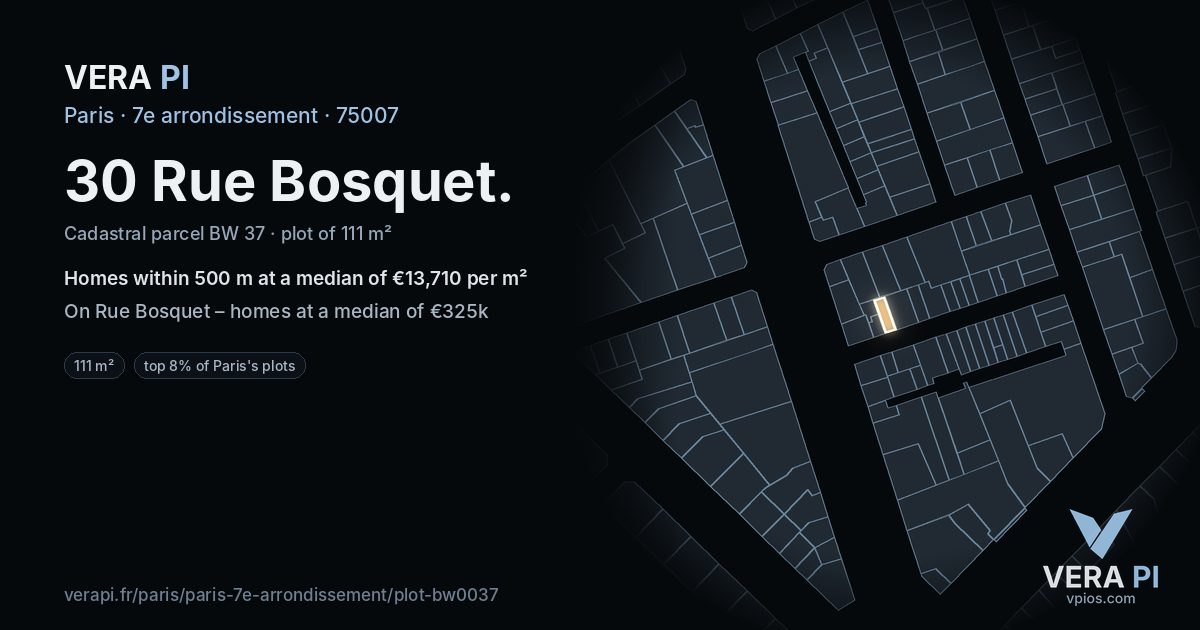 30 Rue Bosquet, 7e arrondissement at night – the plot lit, the parcels around coloured by the prices near them