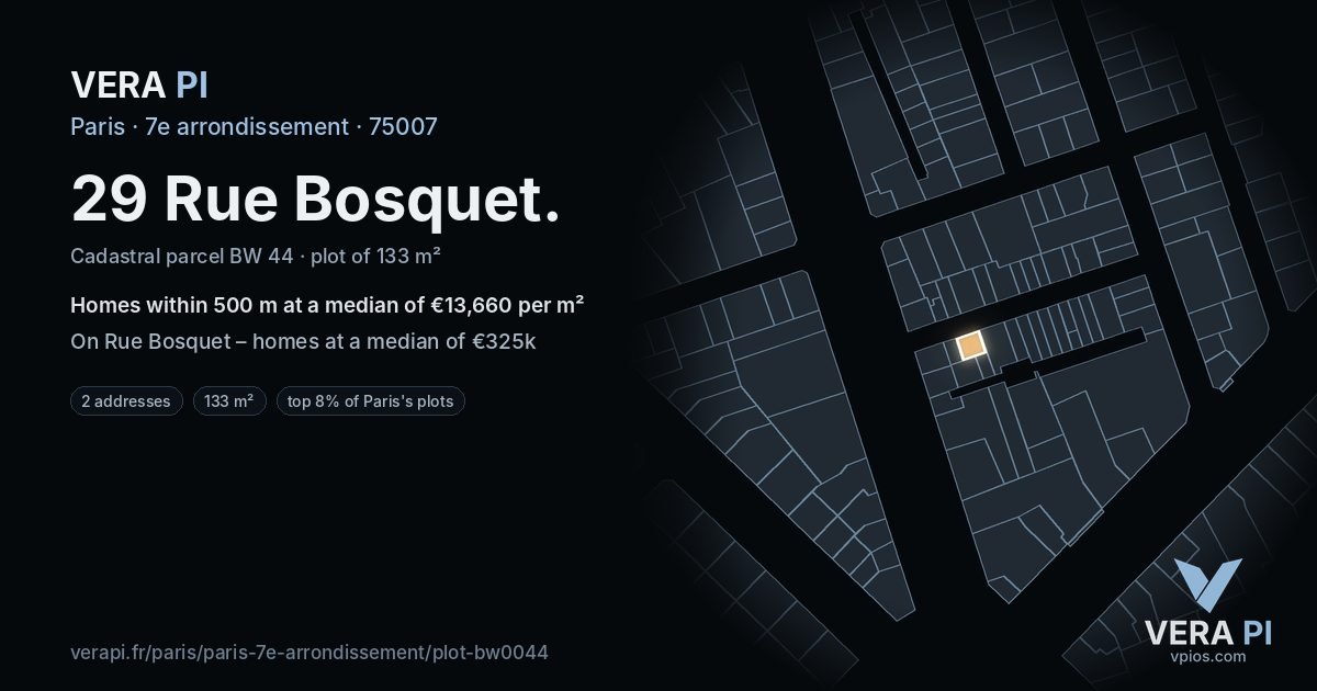 29 Rue Bosquet, 7e arrondissement at night – the plot lit, the parcels around coloured by the prices near them