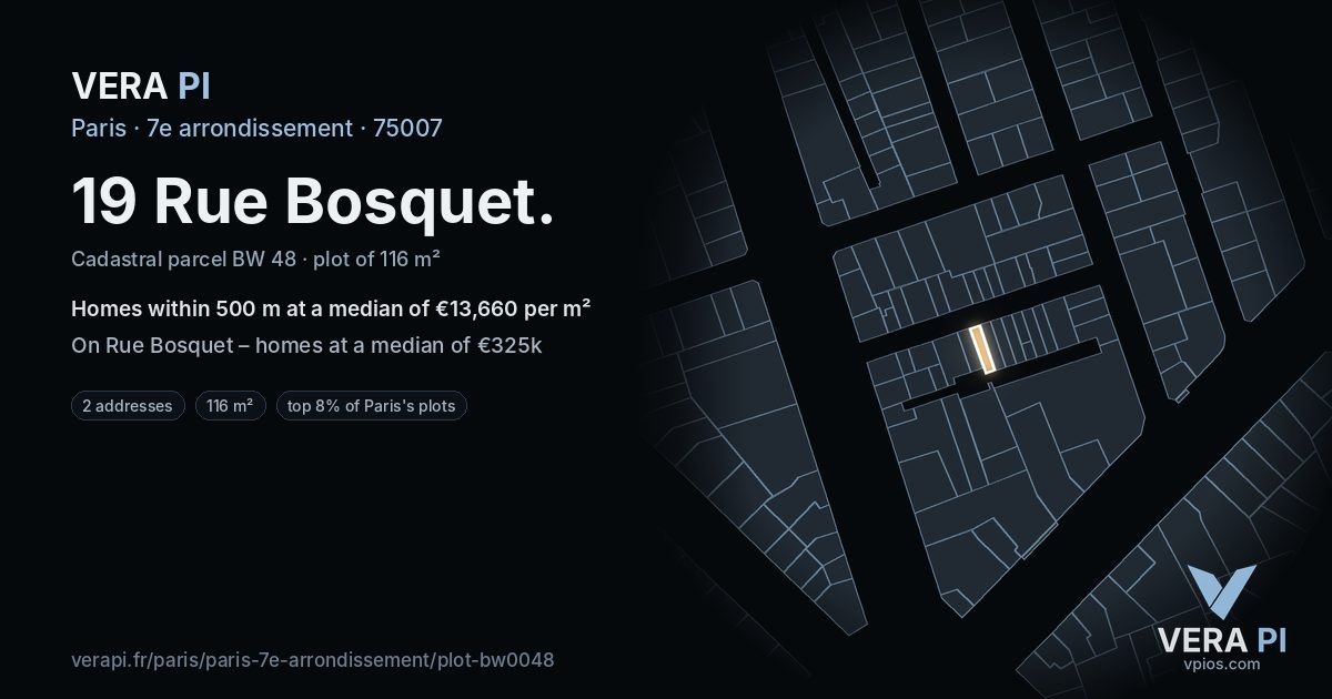 19 Rue Bosquet, 7e arrondissement at night – the plot lit, the parcels around coloured by the prices near them