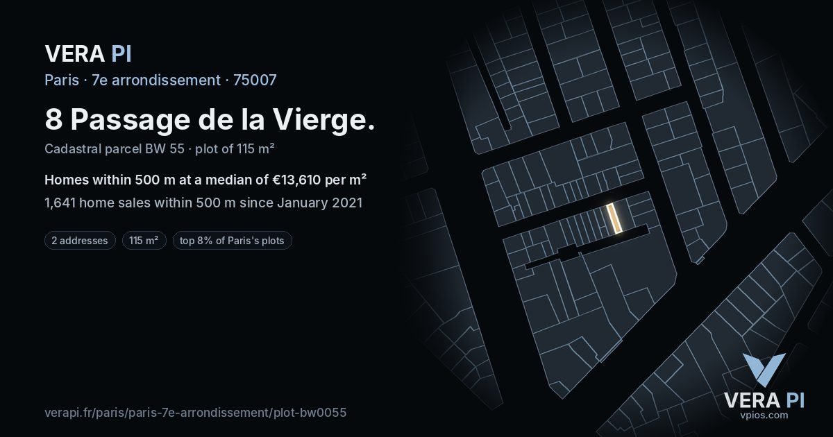 8 Passage de la Vierge, 7e arrondissement at night – the plot lit, the parcels around coloured by the prices near them