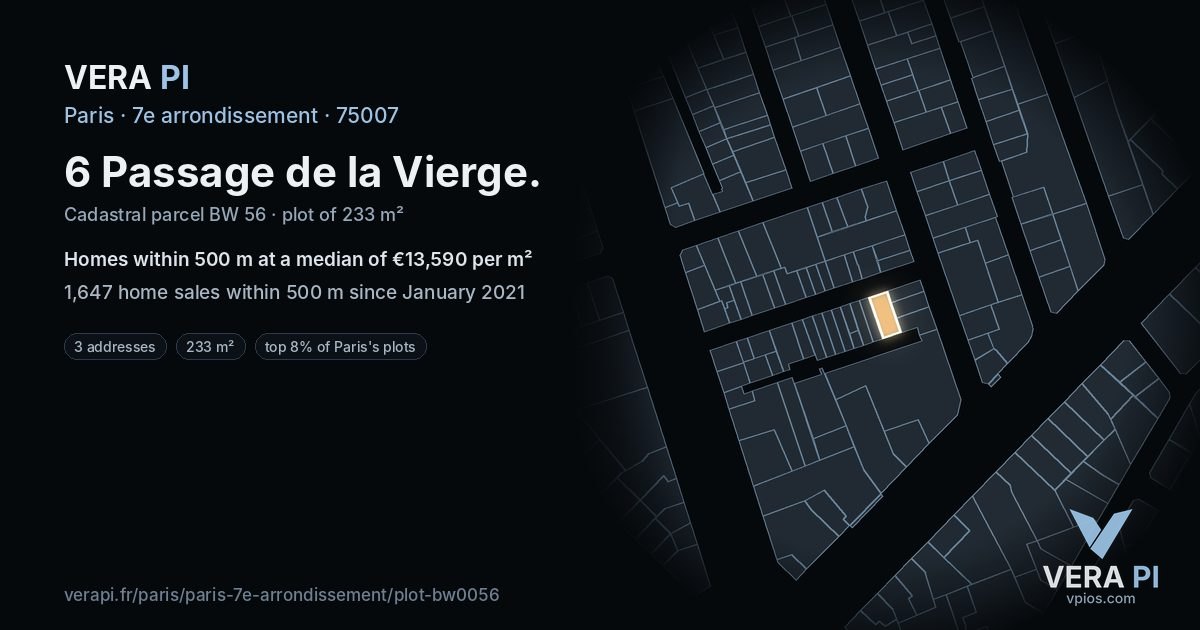 6 Passage de la Vierge, 7e arrondissement at night – the plot lit, the parcels around coloured by the prices near them