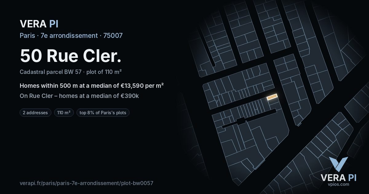 50 Rue Cler, 7e arrondissement at night – the plot lit, the parcels around coloured by the prices near them