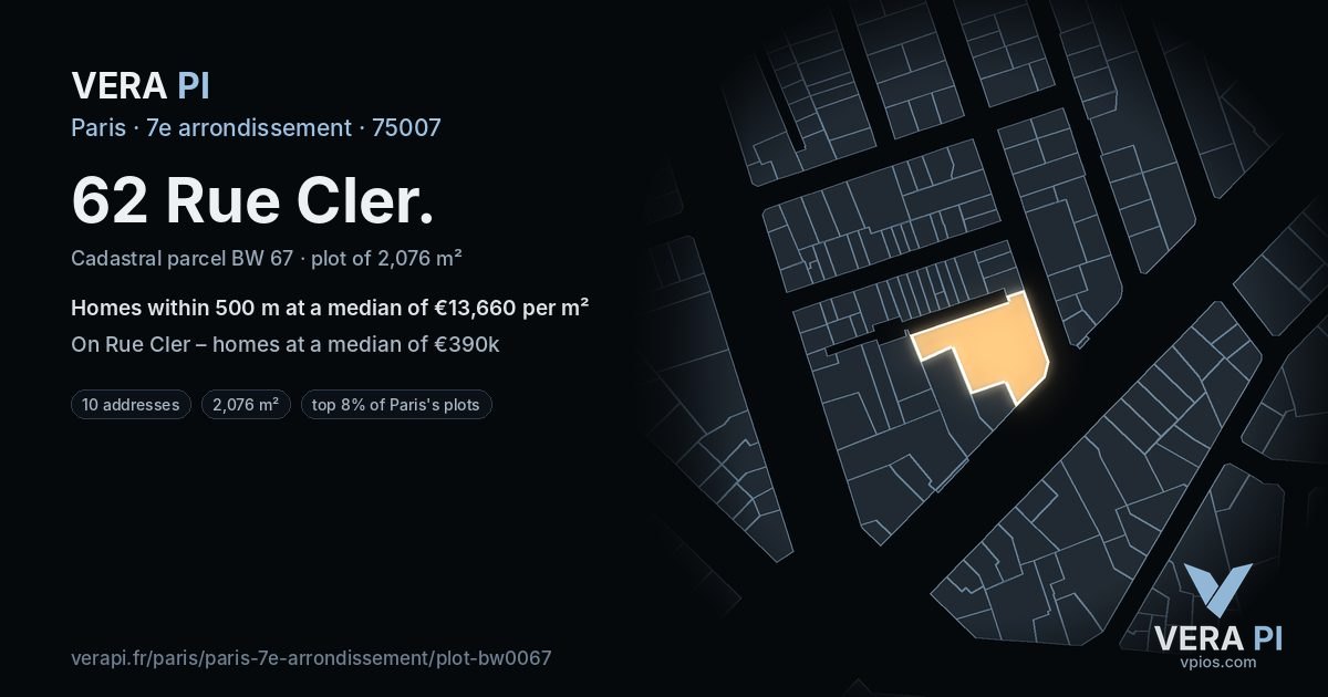 62 Rue Cler, 7e arrondissement at night – the plot lit, the parcels around coloured by the prices near them