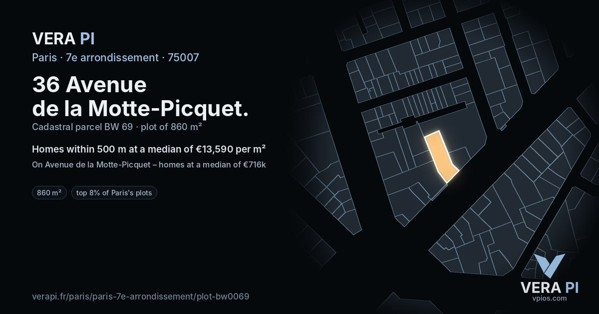 36 Avenue de la Motte-Picquet, 7e arrondissement at night – the plot lit, the parcels around coloured by the prices near them