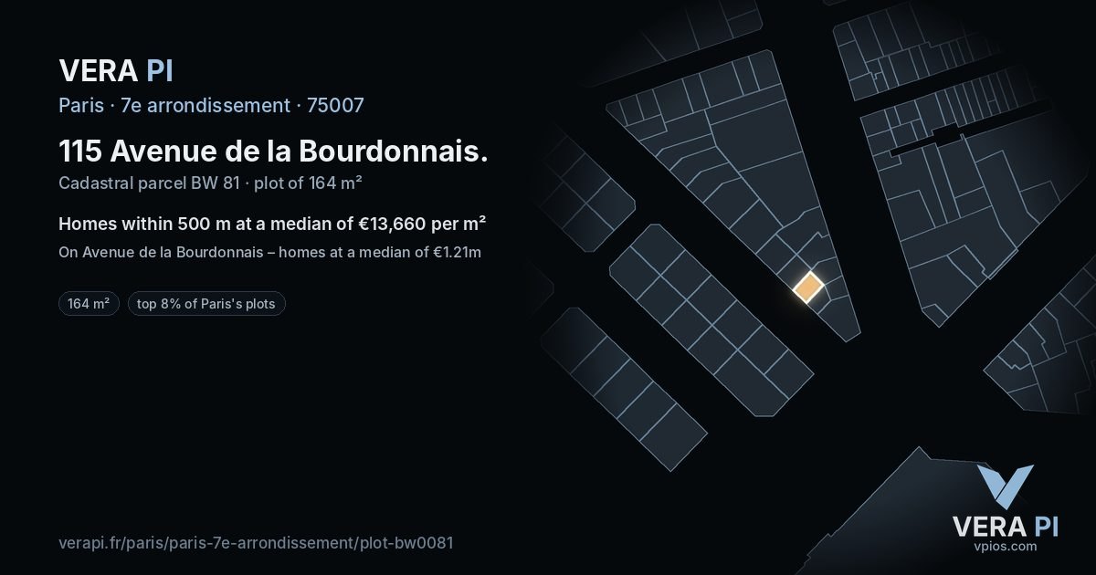 115 Avenue de la Bourdonnais, 7e arrondissement at night – the plot lit, the parcels around coloured by the prices near them
