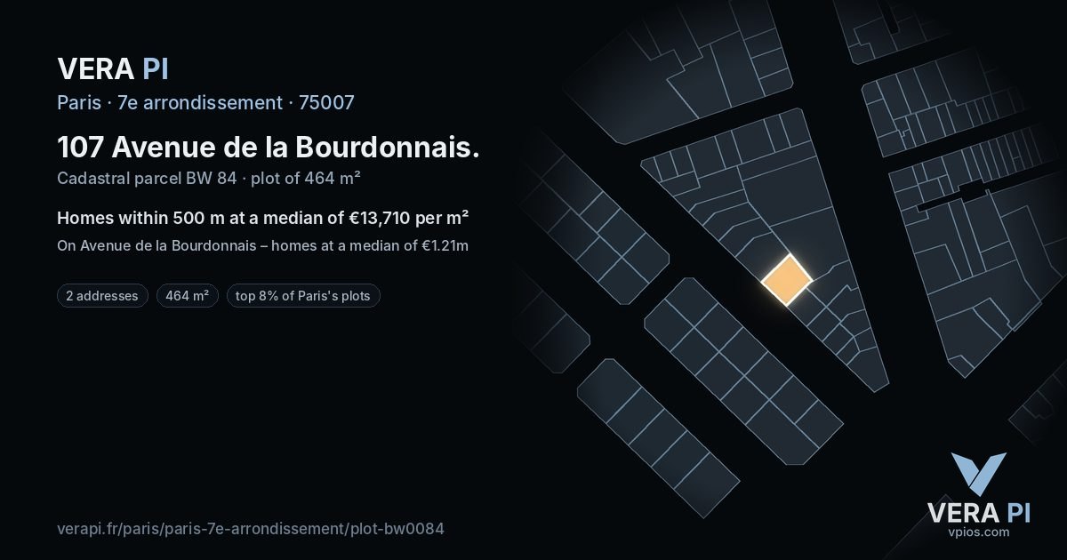 107 Avenue de la Bourdonnais, 7e arrondissement at night – the plot lit, the parcels around coloured by the prices near them