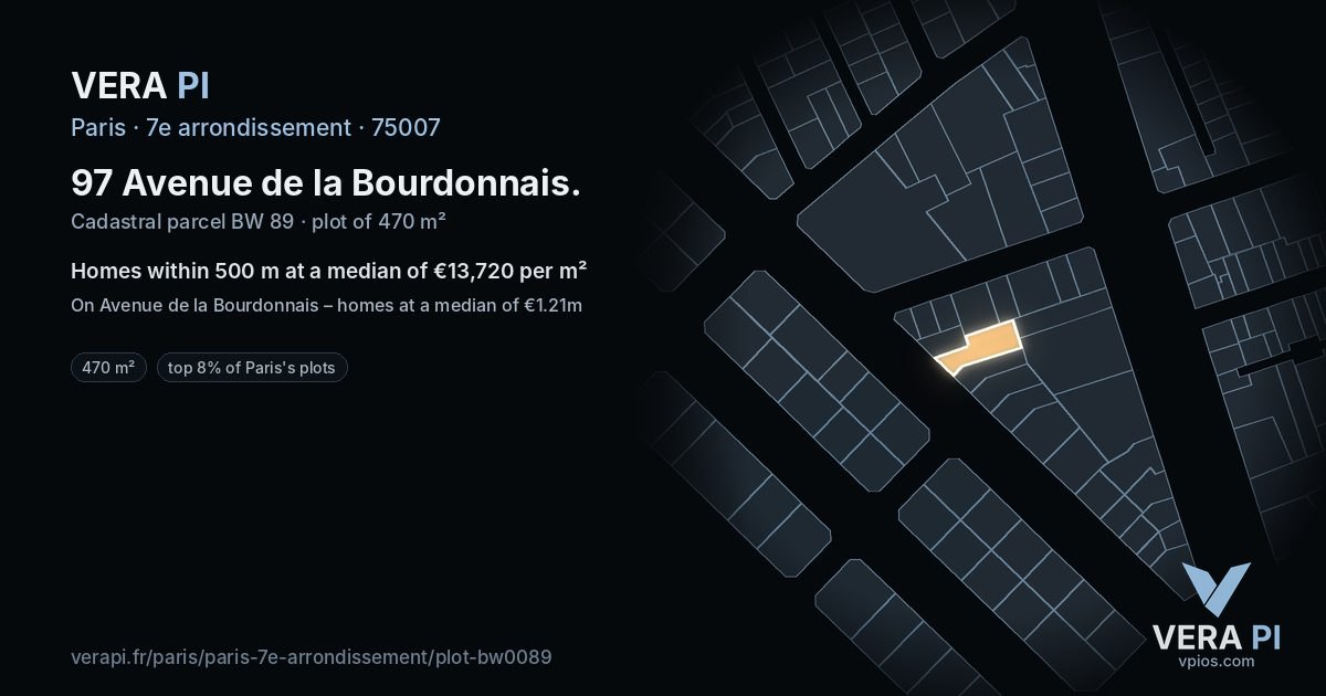 97 Avenue de la Bourdonnais, 7e arrondissement at night – the plot lit, the parcels around coloured by the prices near them
