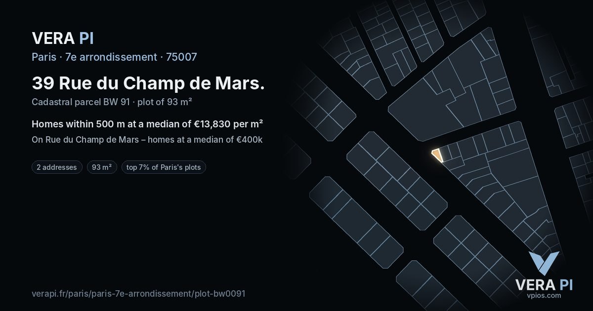 39 Rue du Champ de Mars, 7e arrondissement at night – the plot lit, the parcels around coloured by the prices near them