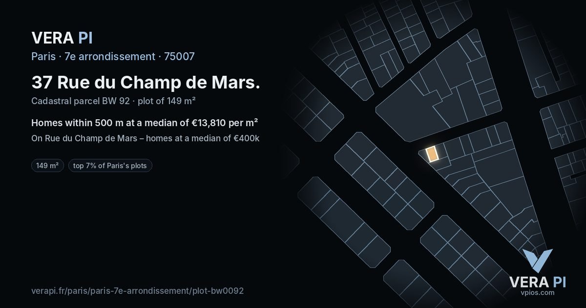 37 Rue du Champ de Mars, 7e arrondissement at night – the plot lit, the parcels around coloured by the prices near them
