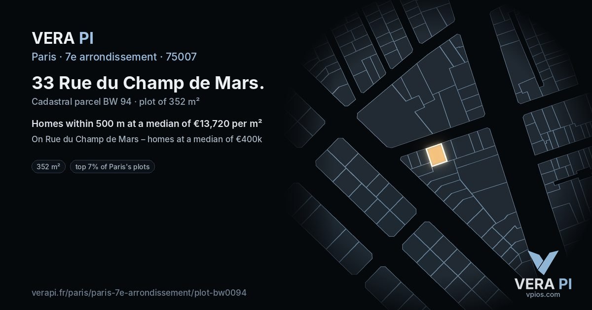 33 Rue du Champ de Mars, 7e arrondissement at night – the plot lit, the parcels around coloured by the prices near them