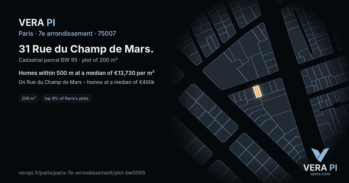 31 Rue du Champ de Mars, 7e arrondissement at night – the plot lit, the parcels around coloured by the prices near them