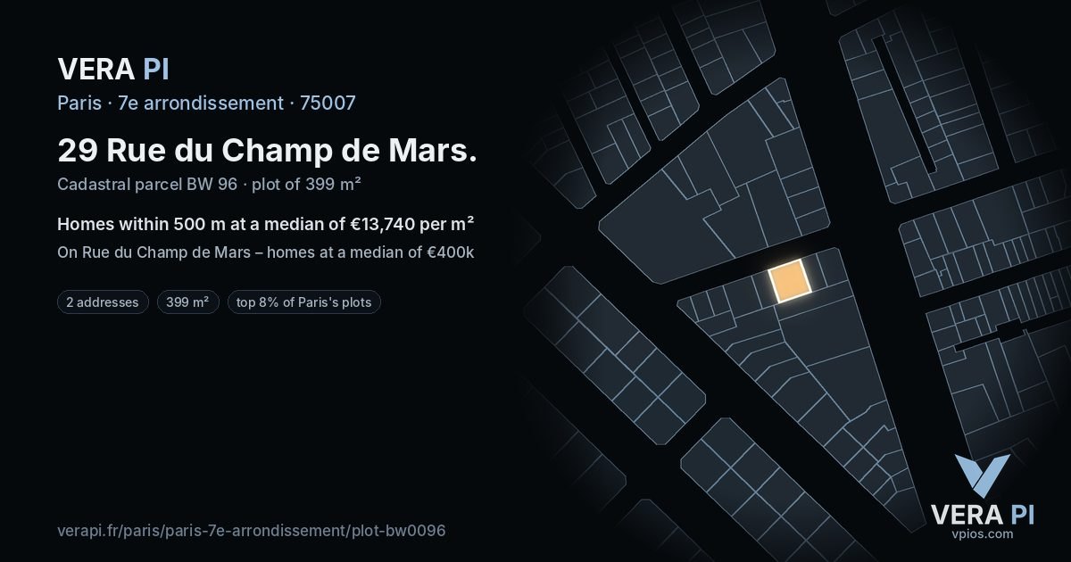29 Rue du Champ de Mars, 7e arrondissement at night – the plot lit, the parcels around coloured by the prices near them