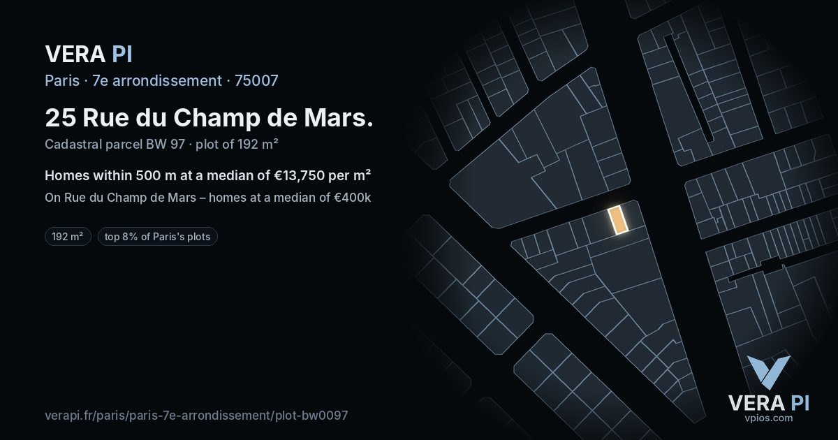 25 Rue du Champ de Mars, 7e arrondissement at night – the plot lit, the parcels around coloured by the prices near them