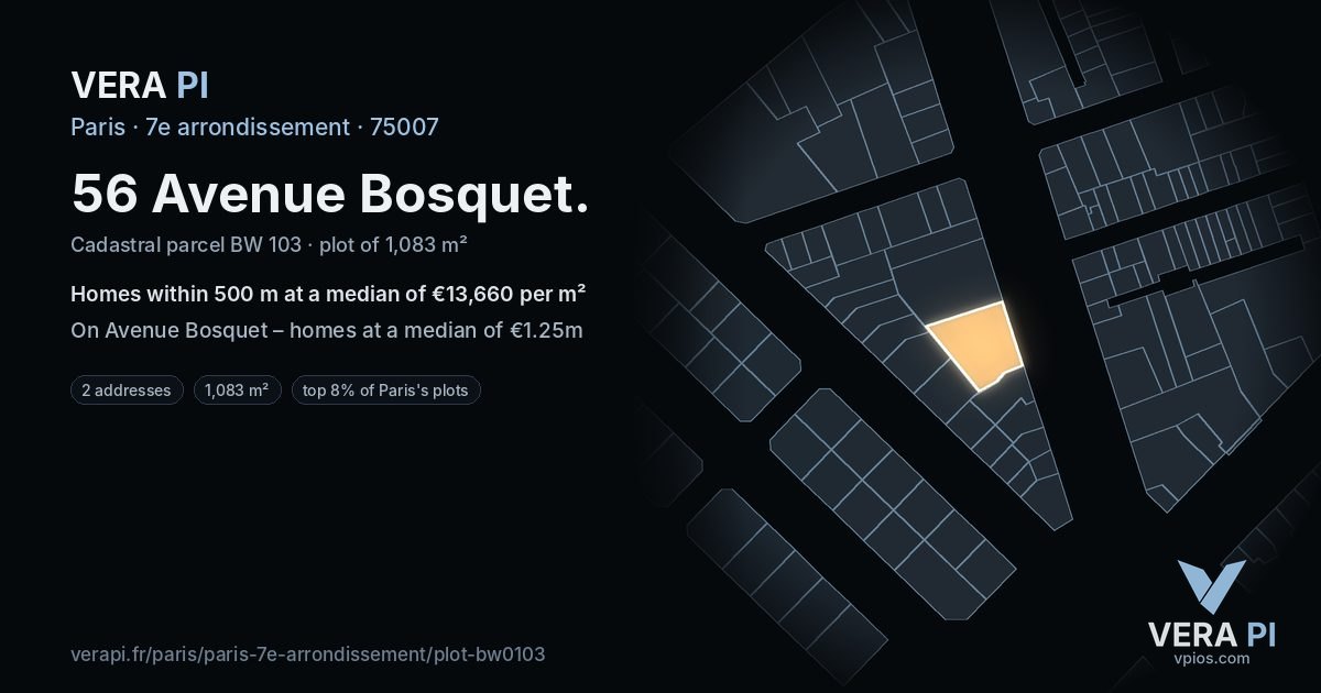 56 Avenue Bosquet, 7e arrondissement at night – the plot lit, the parcels around coloured by the prices near them