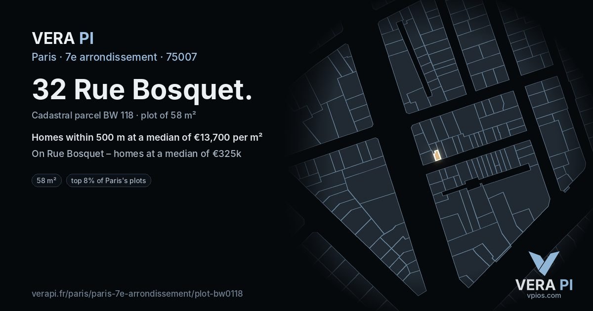 32 Rue Bosquet, 7e arrondissement at night – the plot lit, the parcels around coloured by the prices near them