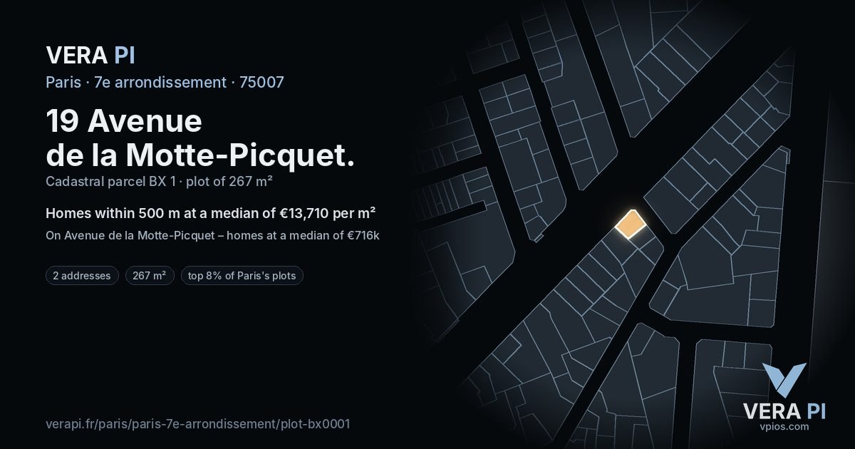 19 Avenue de la Motte-Picquet, 7e arrondissement at night – the plot lit, the parcels around coloured by the prices near them