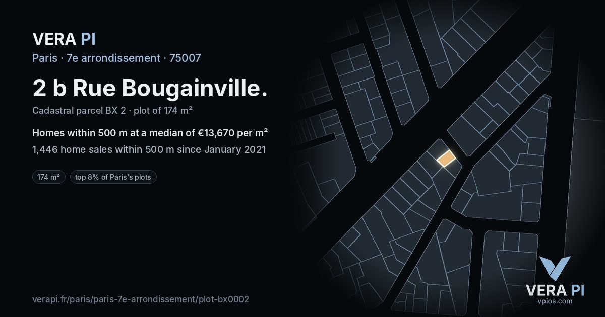 2 b Rue Bougainville, 7e arrondissement at night – the plot lit, the parcels around coloured by the prices near them