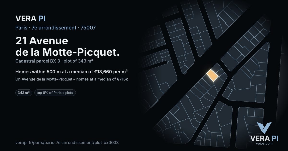 21 Avenue de la Motte-Picquet, 7e arrondissement at night – the plot lit, the parcels around coloured by the prices near them