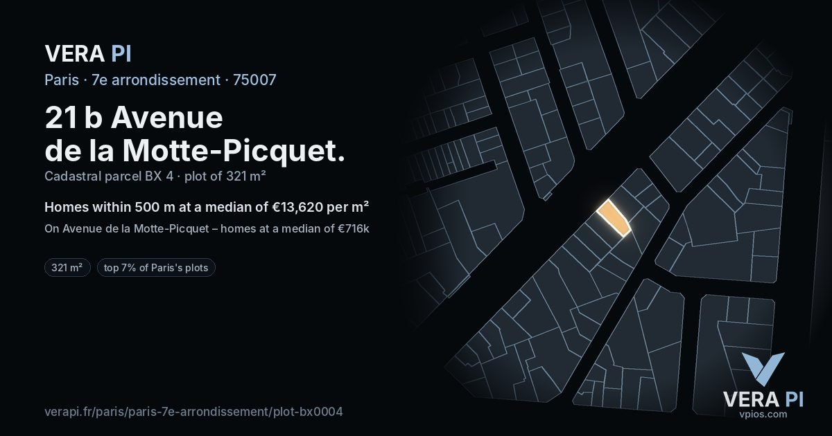 21 b Avenue de la Motte-Picquet, 7e arrondissement at night – the plot lit, the parcels around coloured by the prices near them