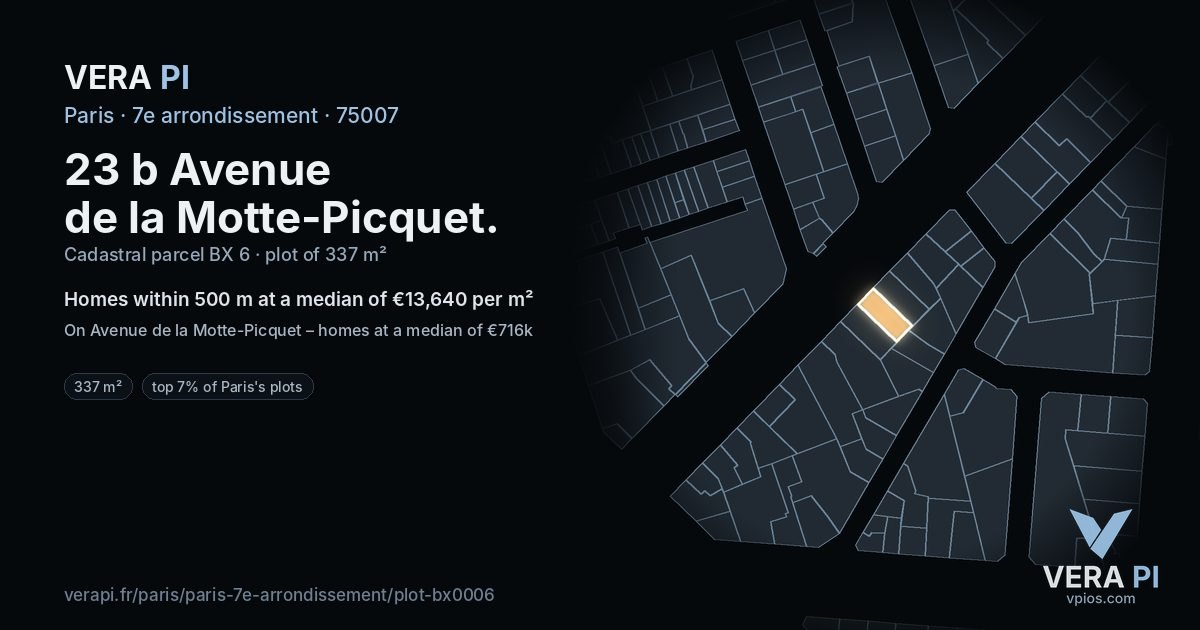 23 b Avenue de la Motte-Picquet, 7e arrondissement at night – the plot lit, the parcels around coloured by the prices near them