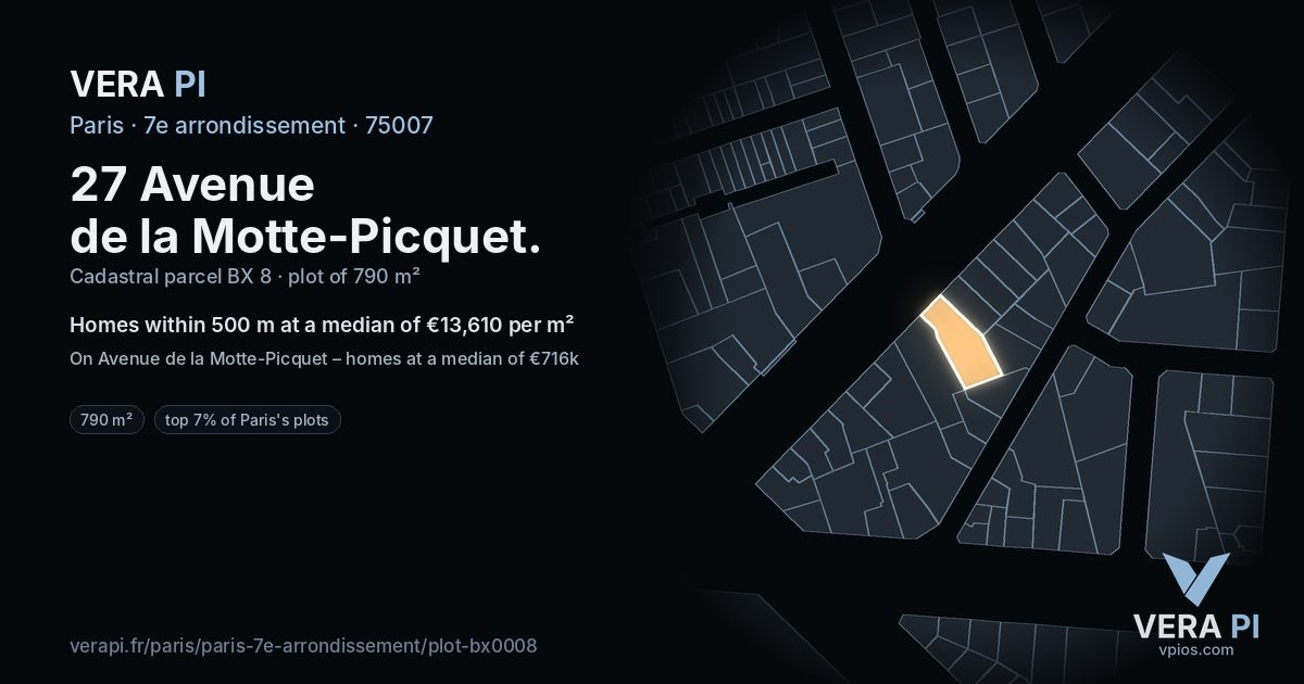 27 Avenue de la Motte-Picquet, 7e arrondissement at night – the plot lit, the parcels around coloured by the prices near them