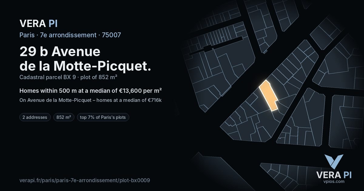 29 b Avenue de la Motte-Picquet, 7e arrondissement at night – the plot lit, the parcels around coloured by the prices near them