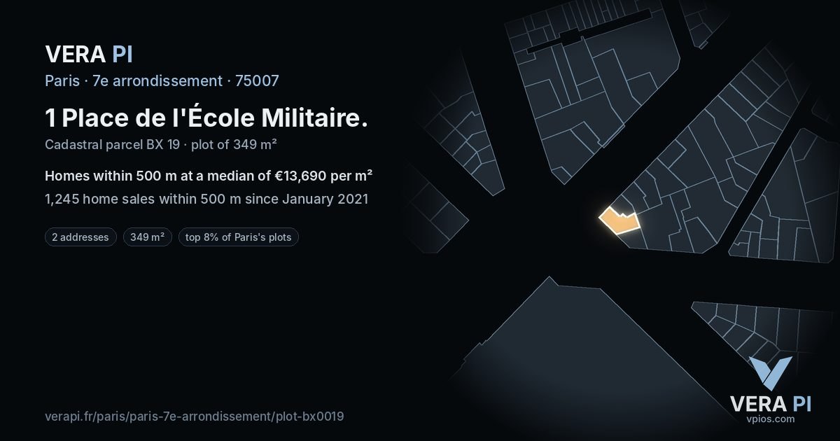 1 Place de l'École Militaire, 7e arrondissement at night – the plot lit, the parcels around coloured by the prices near them