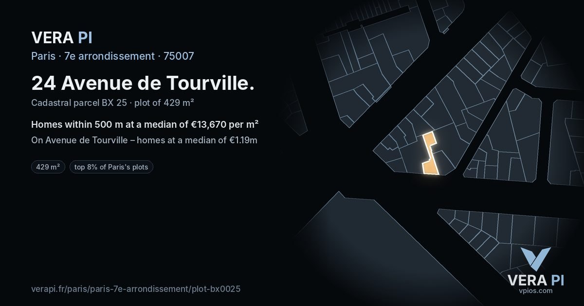 24 Avenue de Tourville, 7e arrondissement at night – the plot lit, the parcels around coloured by the prices near them