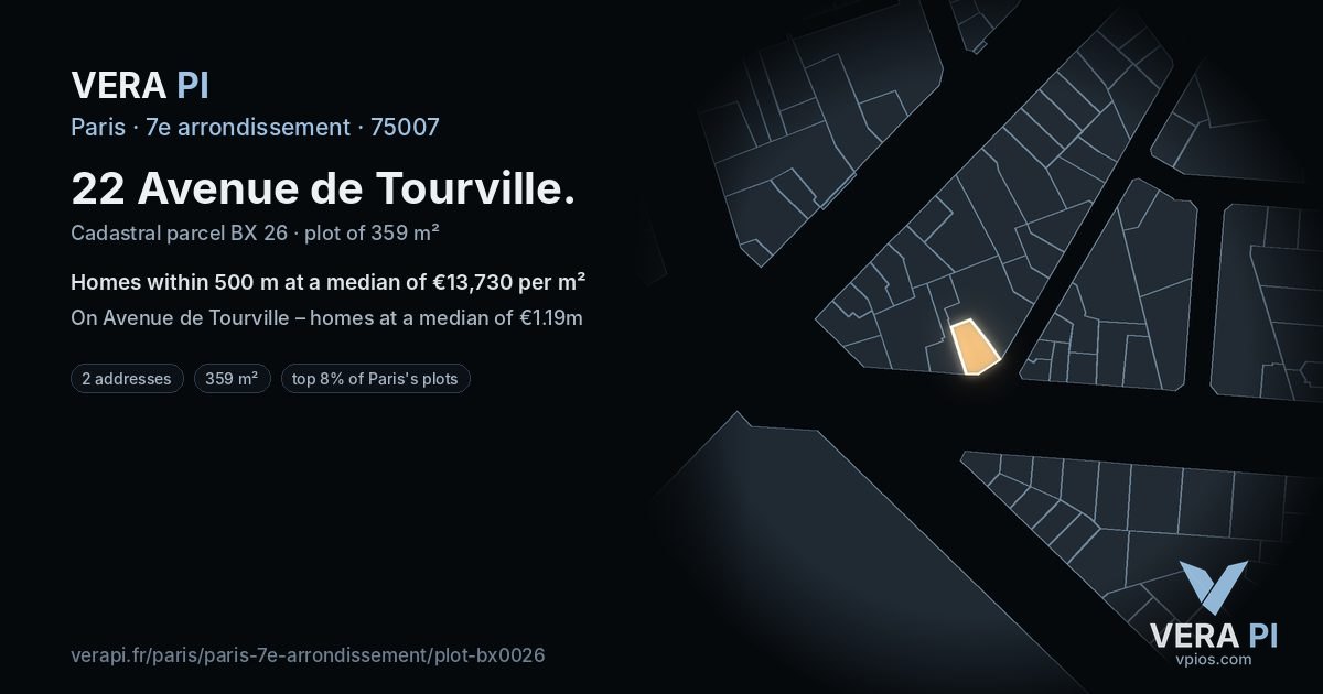 22 Avenue de Tourville, 7e arrondissement at night – the plot lit, the parcels around coloured by the prices near them