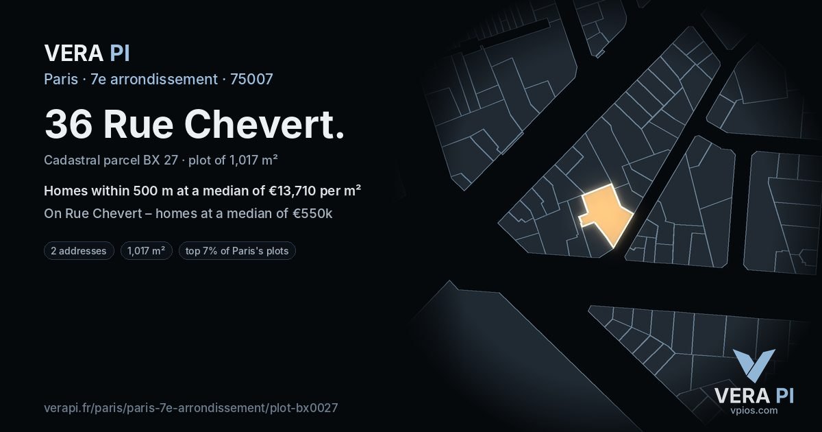36 Rue Chevert, 7e arrondissement at night – the plot lit, the parcels around coloured by the prices near them