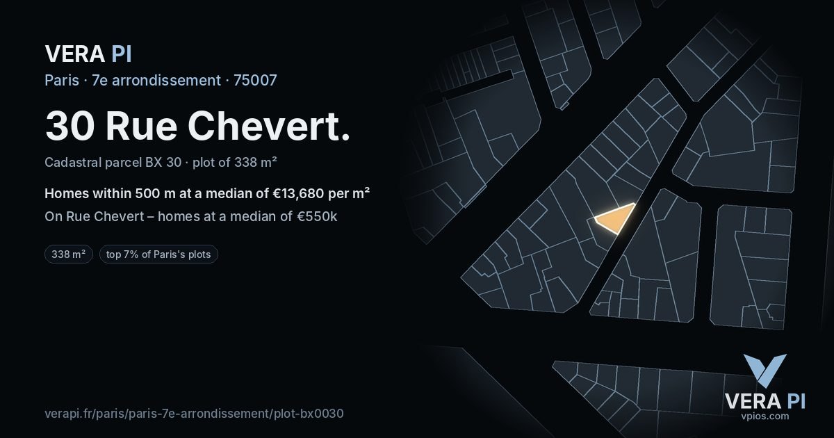 30 Rue Chevert, 7e arrondissement at night – the plot lit, the parcels around coloured by the prices near them