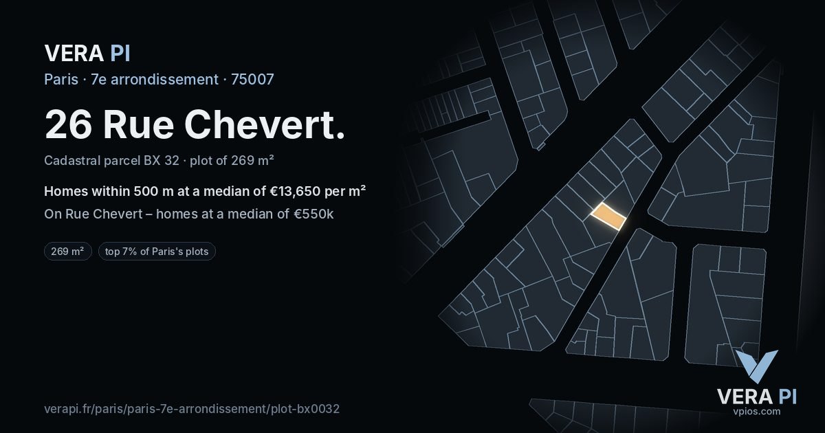 26 Rue Chevert, 7e arrondissement at night – the plot lit, the parcels around coloured by the prices near them