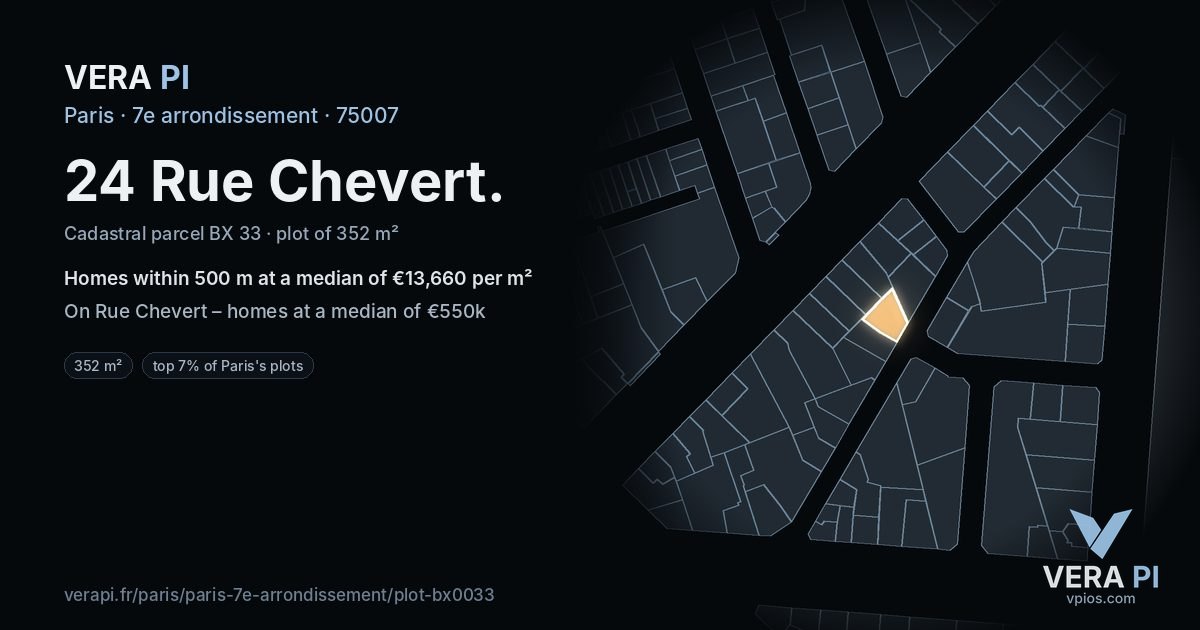 24 Rue Chevert, 7e arrondissement at night – the plot lit, the parcels around coloured by the prices near them