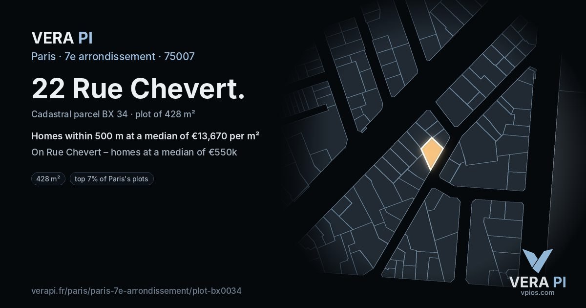 22 Rue Chevert, 7e arrondissement at night – the plot lit, the parcels around coloured by the prices near them