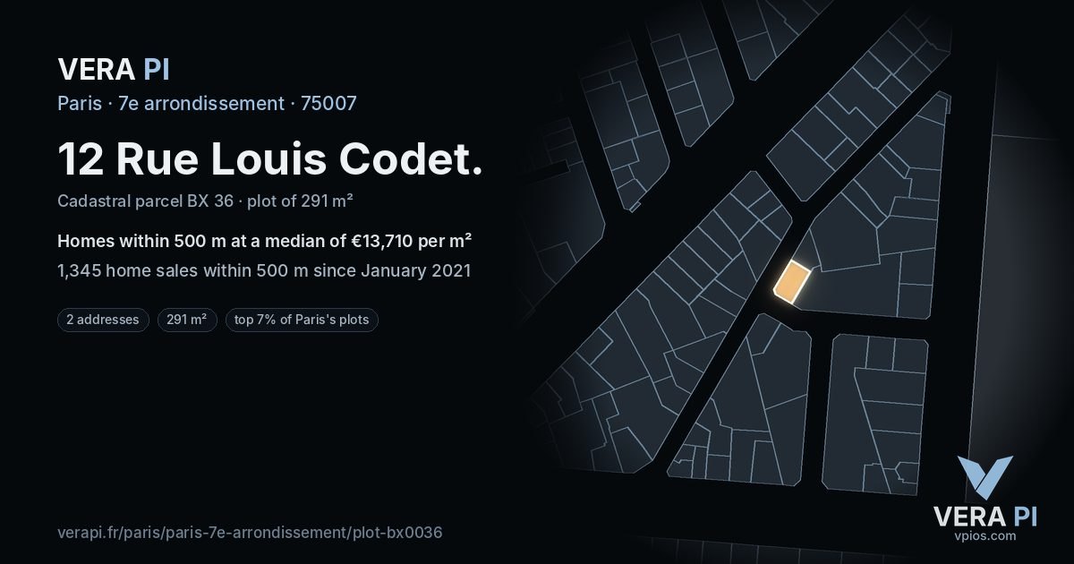 12 Rue Louis Codet, 7e arrondissement at night – the plot lit, the parcels around coloured by the prices near them